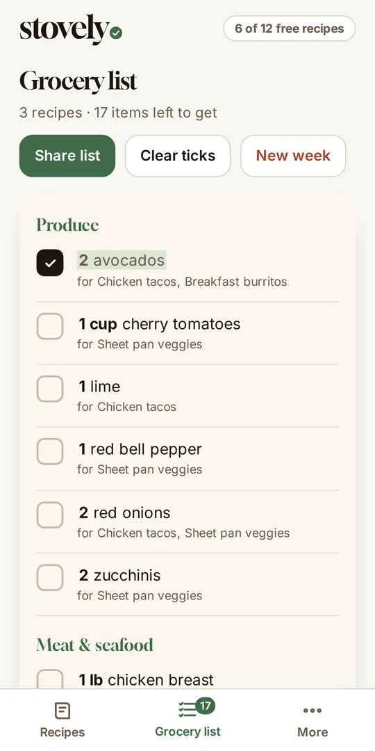 Stovely grocery list sorted by aisle