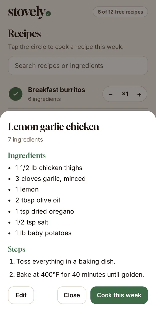 A recipe open in Stovely with its ingredients and steps