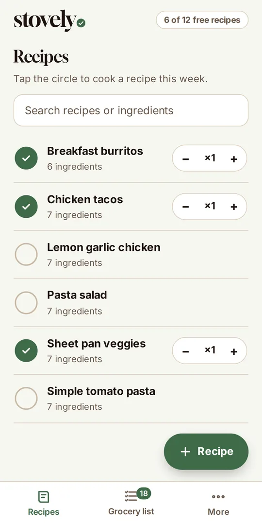 Stovely recipe list with three recipes selected for the week